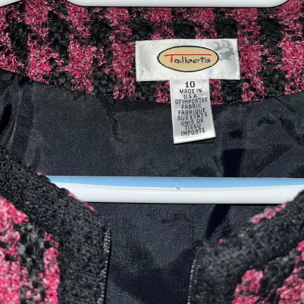 Talbots Women Black & Burgundy Tweed Full Zip w/ Fringe Trim Blazer Jacket Sz-10 - Picture 4 of 7